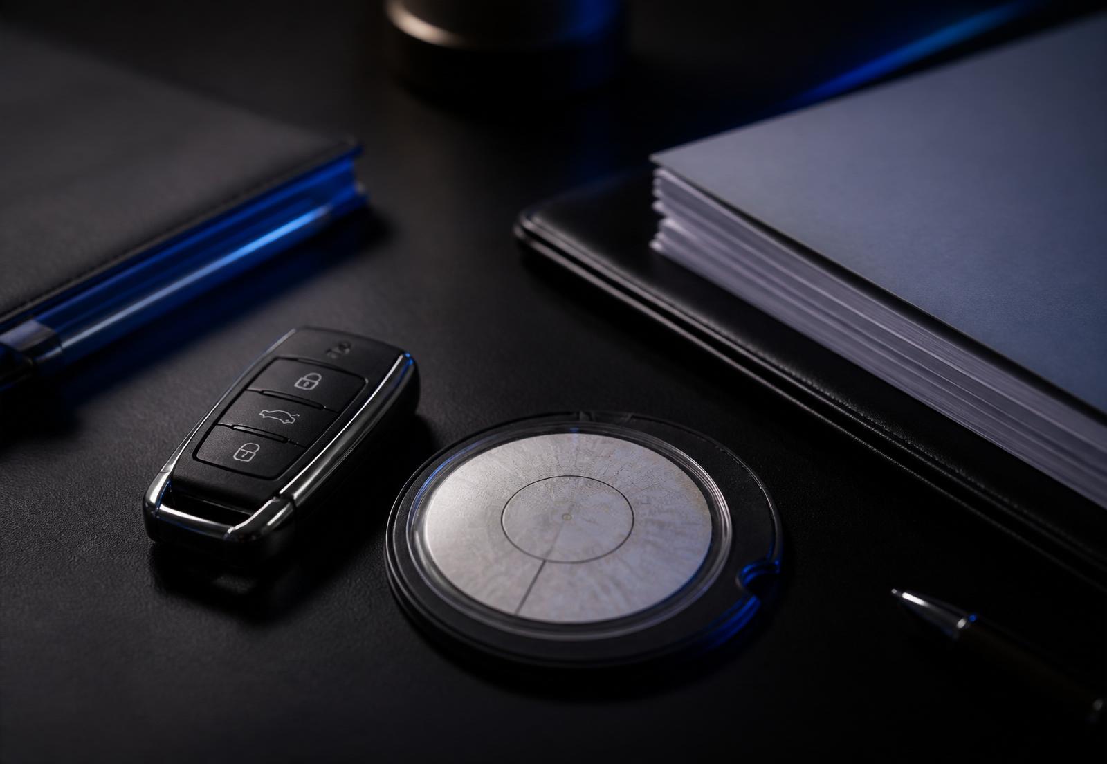 Vehicle key, licence disc and documents on a dark desk