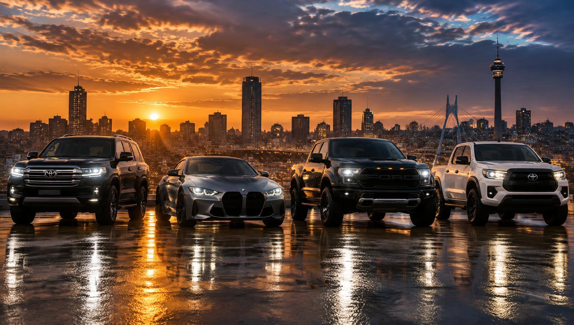Toyota Land Cruiser, BMW M4, Ford Ranger Raptor and Toyota Hilux lined up at sunset in front of a city skyline