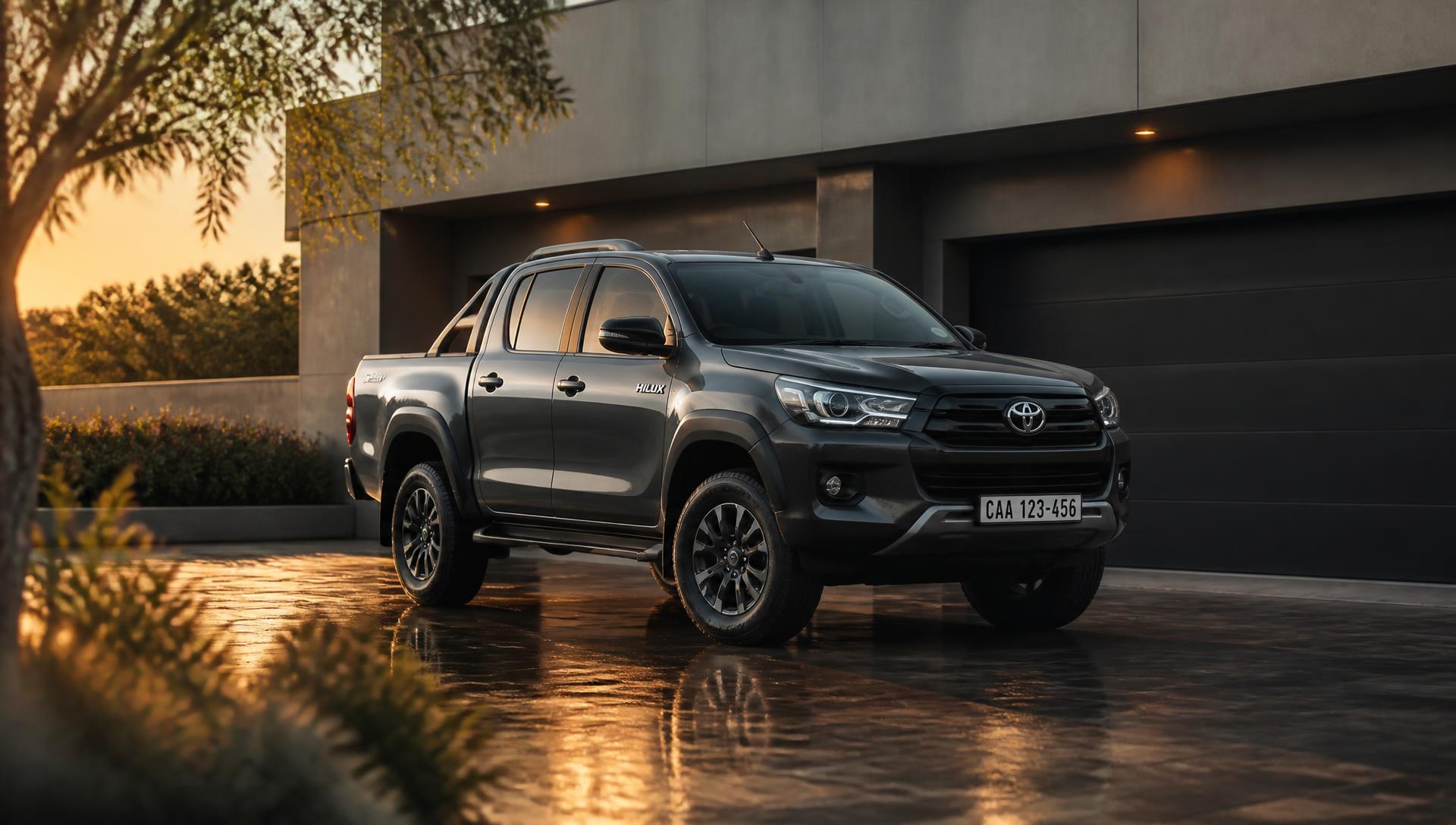 A dark grey Toyota Hilux double cab parked outside a modern home at sunset